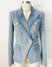Women's Golden Buttons Fitted Denim Blazer Jacket Blue Abstract Pattern Blazer,