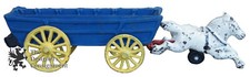 Antique Cast Iron Two Horse Drawn Dark Blue Conestoga Covered Wagon Toy