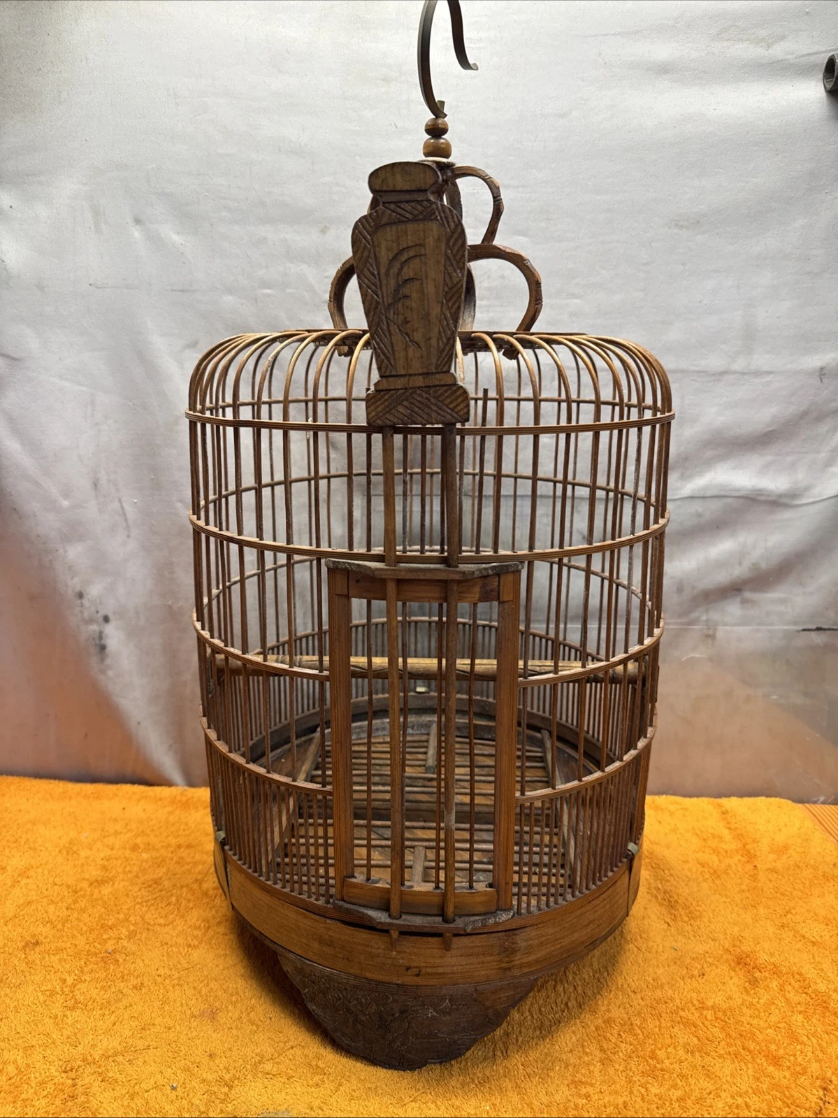 DN •Bamboo & Teak Bird Cage 24" Round Carved Asian Chinoiserie Double Loop