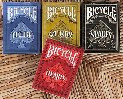 Bicycle games set, Euchre, Solitaire, Spades, Hearts playing cards (4 decks)