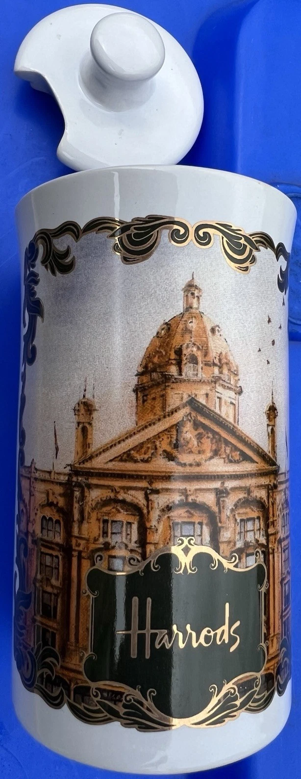 HARRODS ceramic lidded storage Jar white/green/gold Brompton Rd London building