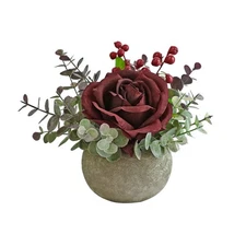 Artificial Flowers Kit with Pot, Combination of Fake Silk Burgundy Red Roses ...