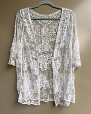 Vintage Style White Floral Lace Sheer Kimono Cardigan Boho Cottagecore M/L Beach