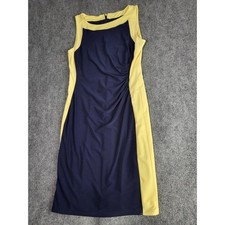 Lauren Ralph Lauren Sheath Dress Womens 12 Navy Yellow Ruched Sleeveless Career