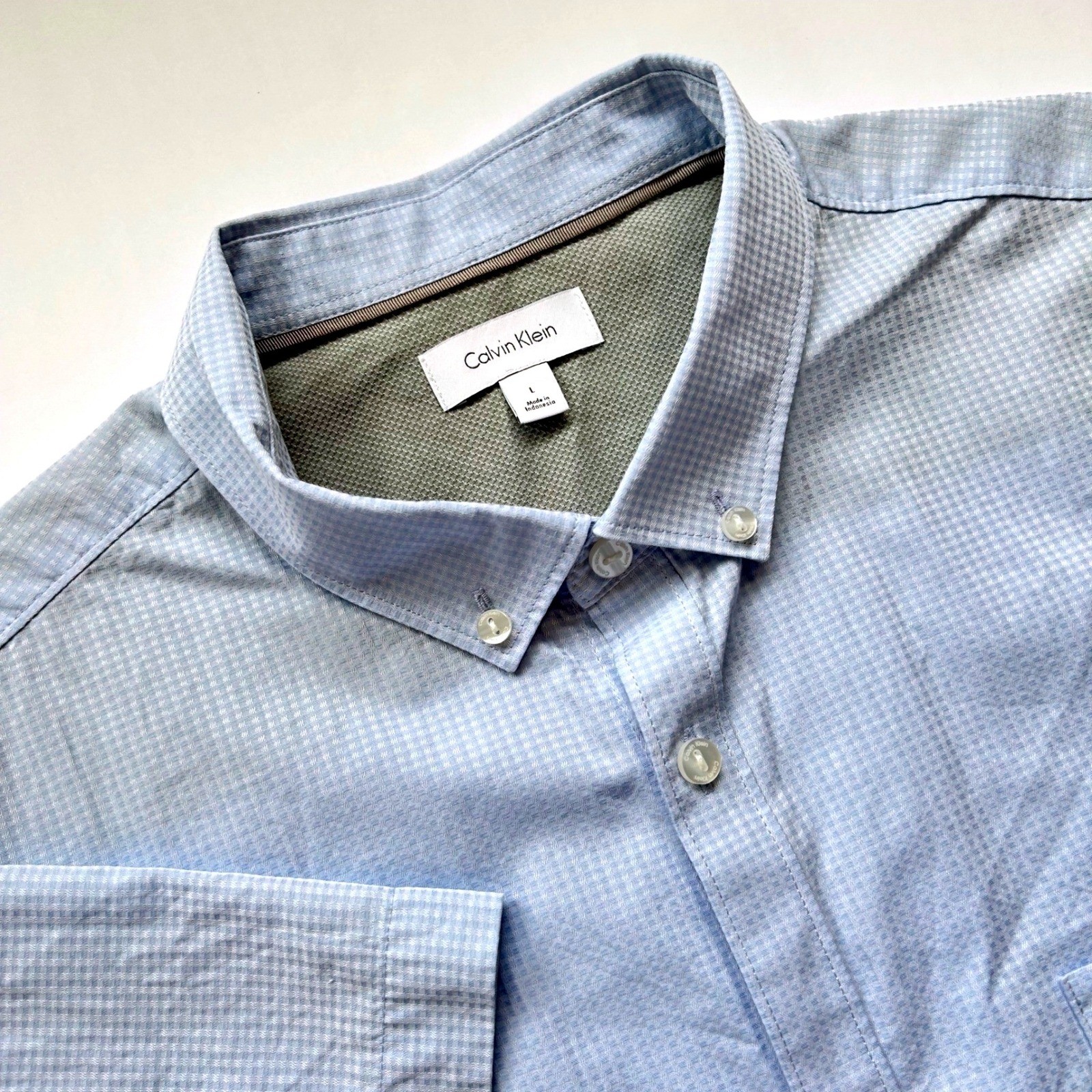 Calvin Klein Mens Light Blue Micro Check Short Sleeve Button Down Shirt Large