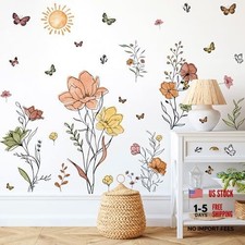Boho Flower Wall Decals Watercolor Flower Plants Wall Boho Flower Yellow