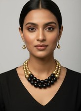 Black Gold Wood Beaded Chunky Necklace Earring Set