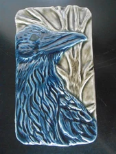 Raven Tile art pottery Hand-Pressed Relief Design Blue & Green 5 5/8" x 3 1/8"