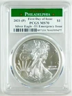 2021-(P) $1 Silver Eagle PCGS MS70 FDOI Type 1 Emergency Issue Gem Coin C4717