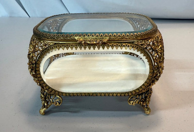 Vintage Ormolu Jewelry Casket Beveled Glass Hollywood Regency