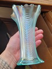 Super Signed Ice Blue Northwood Carnival Glass Drapery Vase Heat Check Good Feet