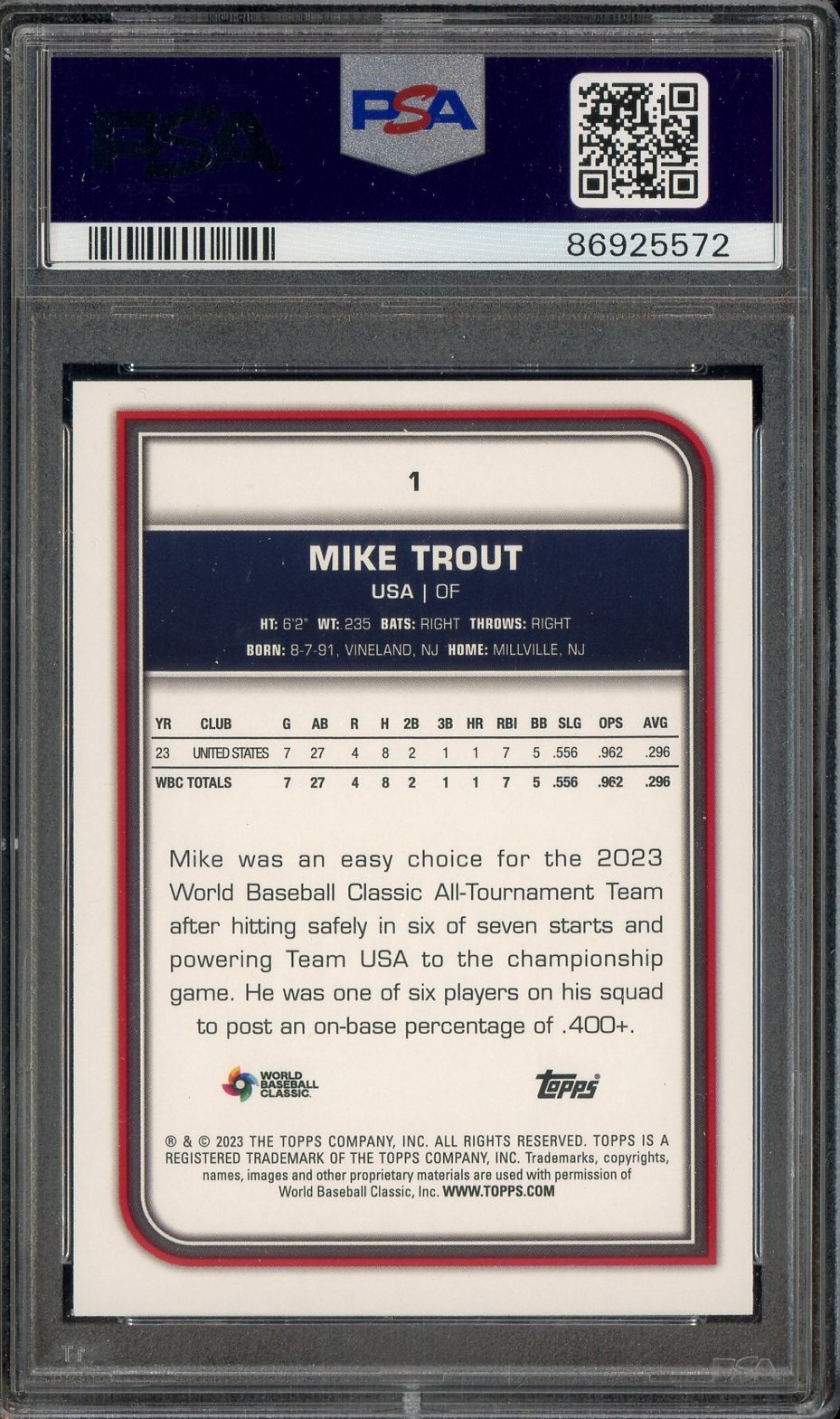 2023 Topps WBC #1 Mike Trout USA PSA 9 MINT view 2