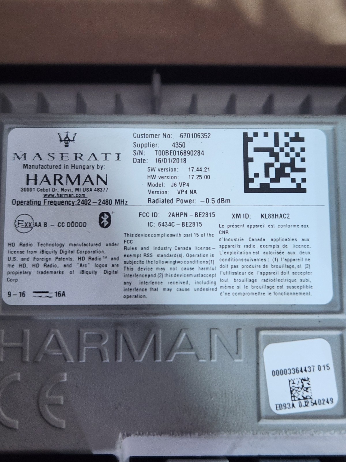 2017-2019 MASERATI GHIBLI - GPS TOUCH SCREEN MONITOR RADIO OEM 670106352
