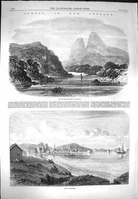 Original Old Antique Print 1869 New Zealand Bay Island Kawau Mountains Ships