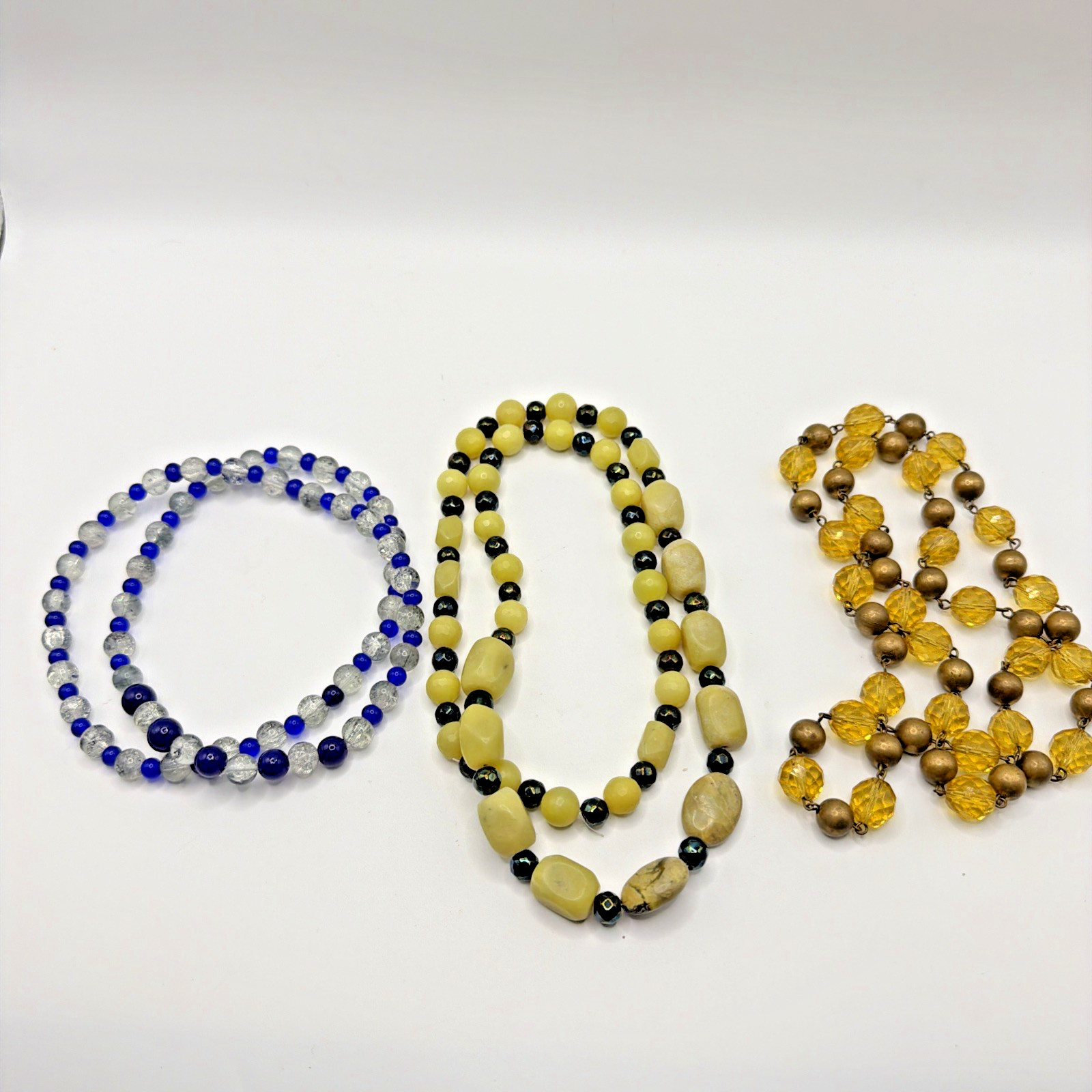 Vintage Czech Art Glass Beaded Necklaces Lot 3 Blue Yellow Gold Toned