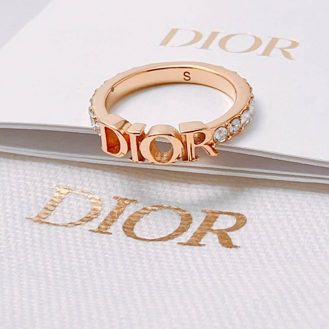 Dior ロゴ入りゴールドトーンリング Christian Dior Logo Ring Gold Tone Metal Rhinestone Size S JP10