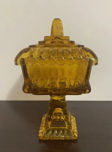 Vintage Jeanette Amber Glass Square Pedestal Candy Dish with Lid
