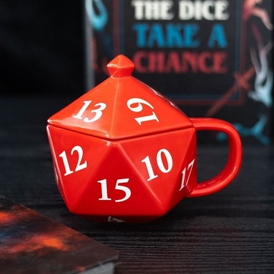 NEU Verpackt D20 Gaming Würfelform D & D Thema Rot Deckel Keramik Geschenk Tasse