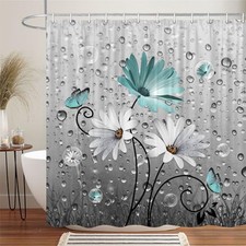 Rustic Farmhouse Teal Floral Shower Curtain, Farm Teal Daisy Flowers and
