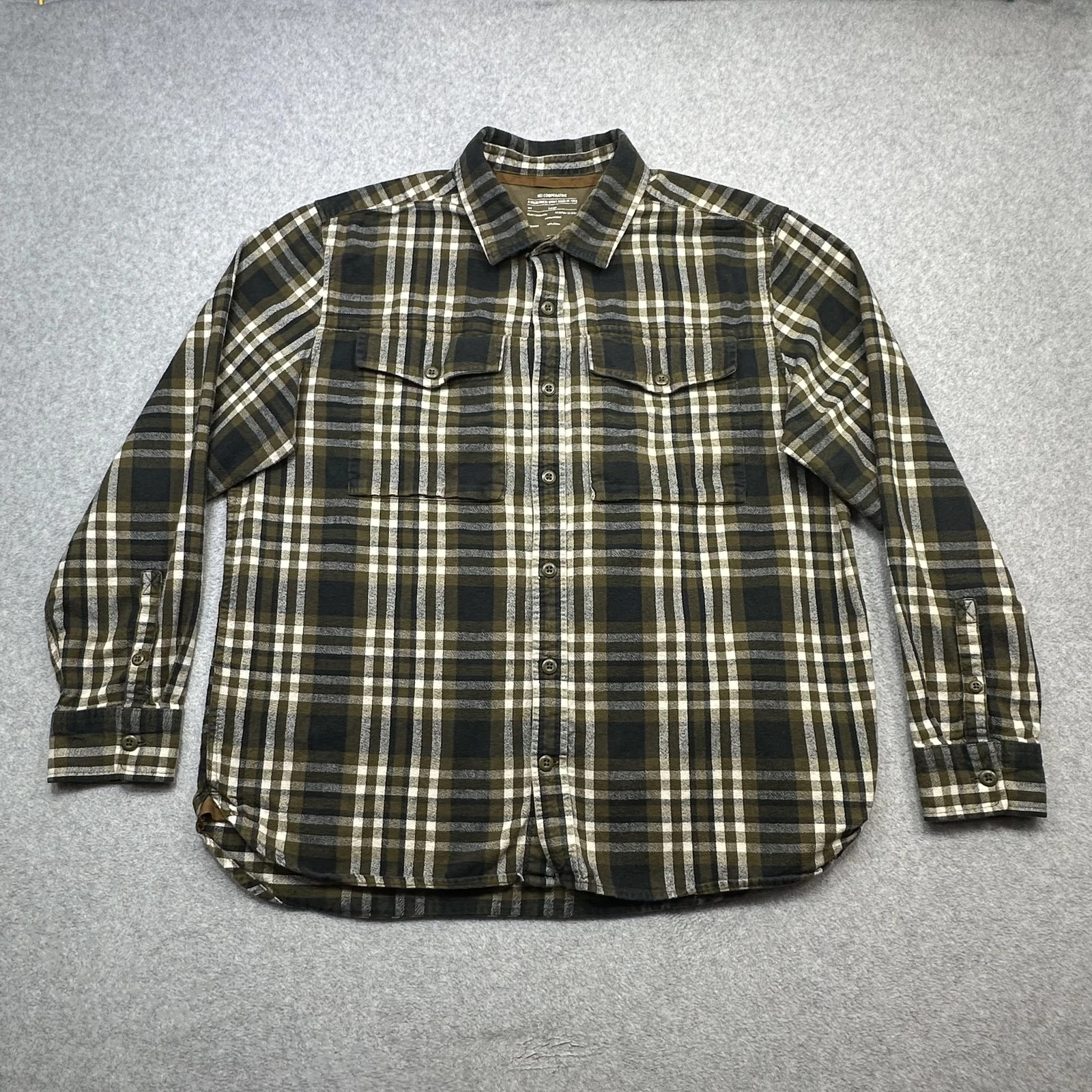 REI Co op Flannel Shirt Mens Large Green Black Plaid Pockets Outdoor Cotton