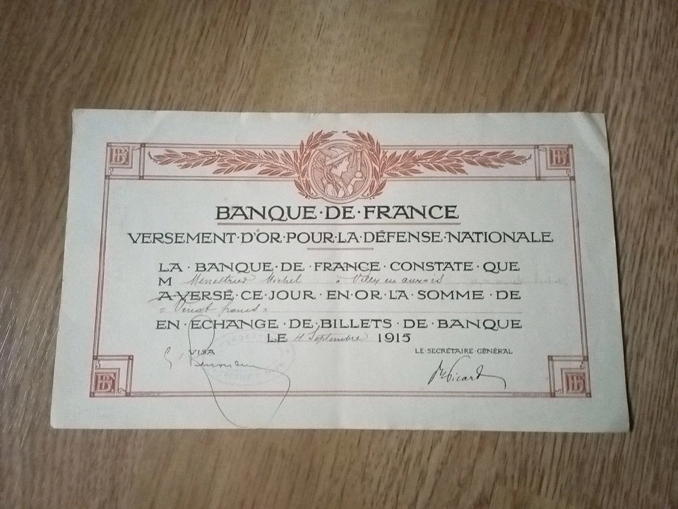VERSEMENT OR POUR LA DEFENSE NATIONALE BANQUE DE FRANCE 1915 - Photo 1/1