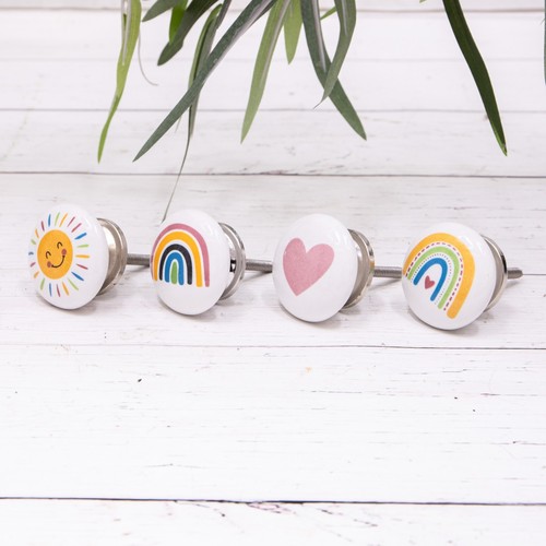 Sets of 4 Heart, Rainbow & Sun Round Ceramic Baby Childrens Door / Draw Knobs - Picture 12 of 13