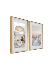 Framed Coastal Beach Wall Art Set of 2 – Tranquil Seaside Picnic and Sandy