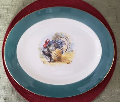 Vintage Unsigned Transferware Oval Serving Platter, Turkey, Blue Green Border