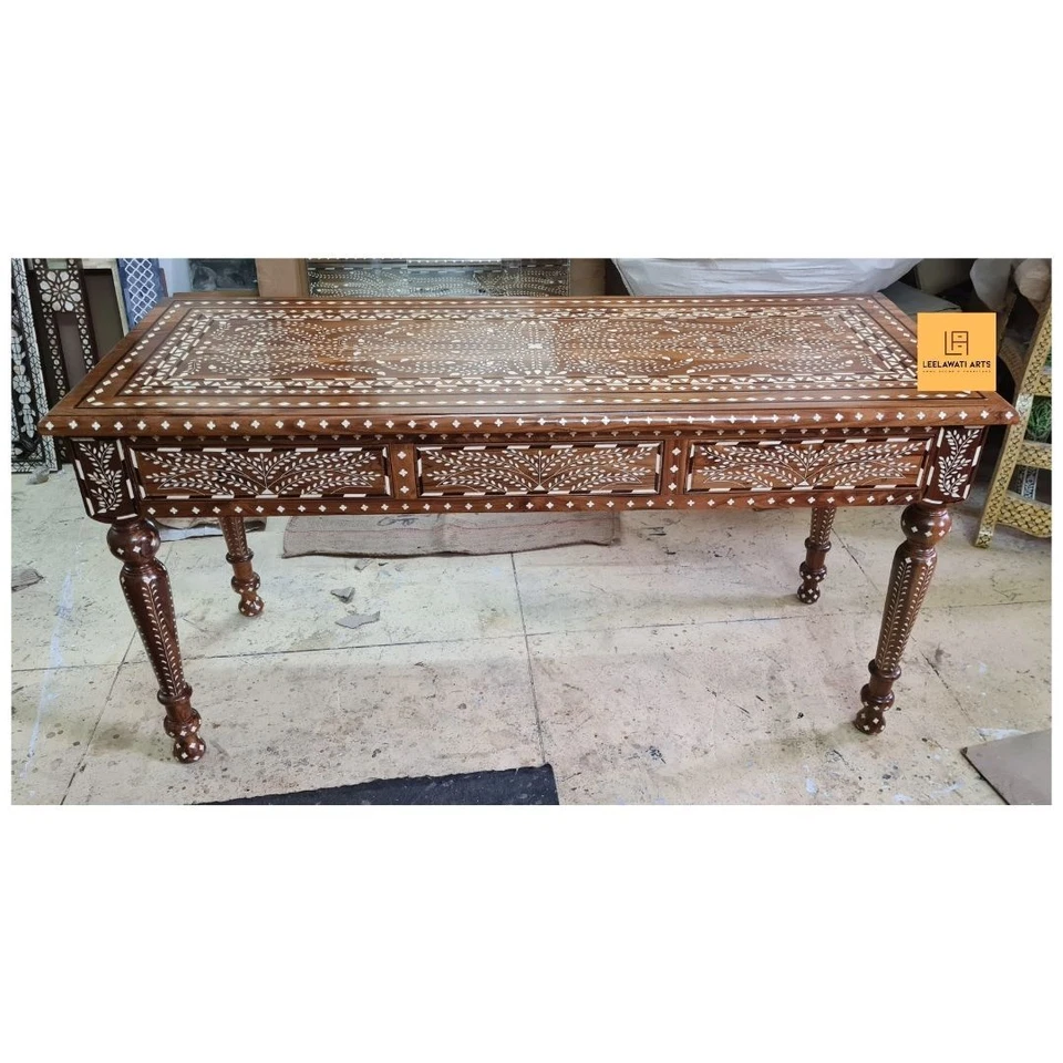 Teak Wood Inlay 3 Drawer Console Table  - Image 2 of 4