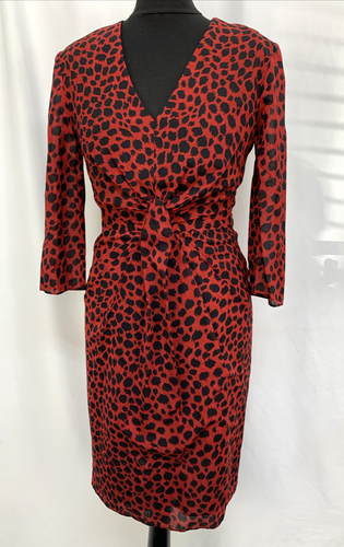 Whistles Coletta Cheetah Print Silk Dress 3/4 Sleeve Red Women's UK8 NWT C3786