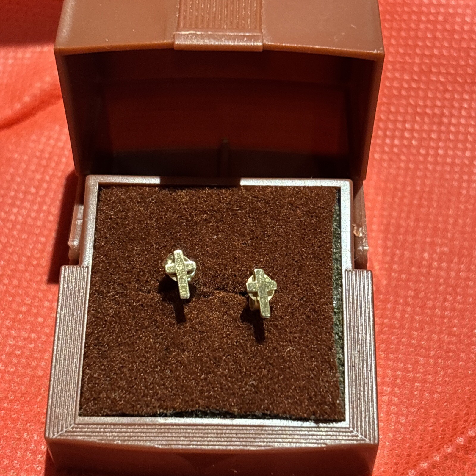 14K Solid Gold Plain Mini Cross Stud Earring - image 1