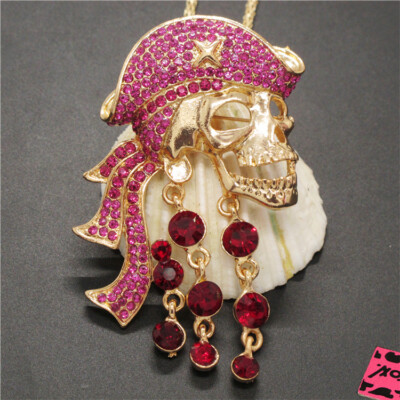 Pretty Colourful Crystal Pirate Skull Rhinestone Holiday gifts Pendant Necklace