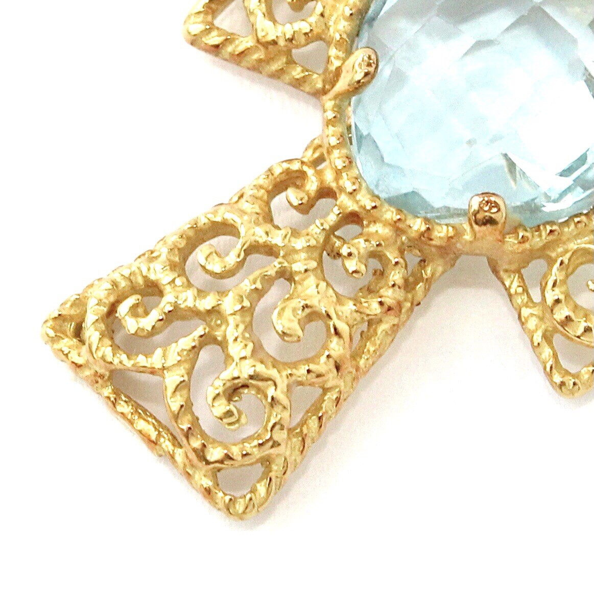 Vintage 18K Gold Sky Blue Topaz Cross Pendant Filigree  Vintage 18K Gold Sky Blue Topaz Cross Pendant Filigree Scroll Openwork Italian main image 1