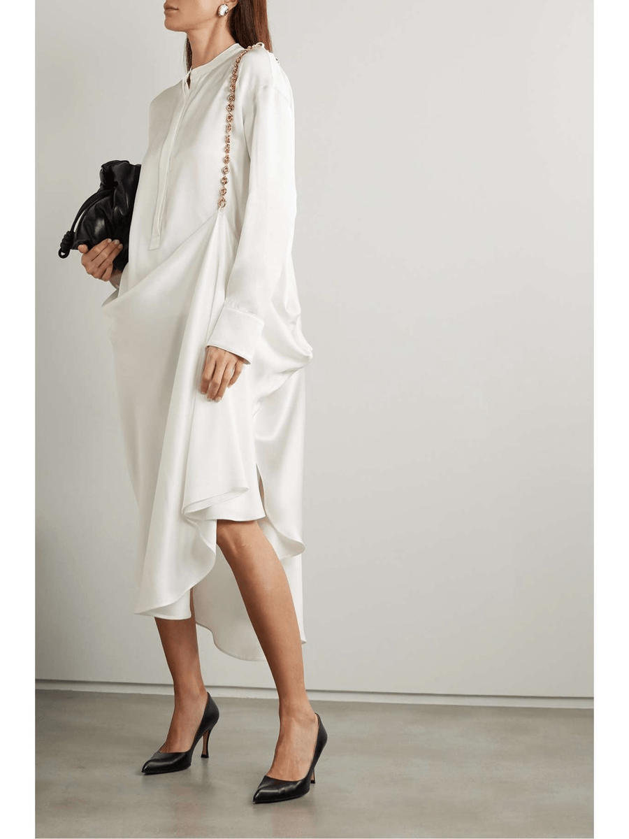 LOEWE Draped asymmetric chain-embellished silk-satin shirt LOEWE Draped asymmetric chain-embellished silk-satin shirt