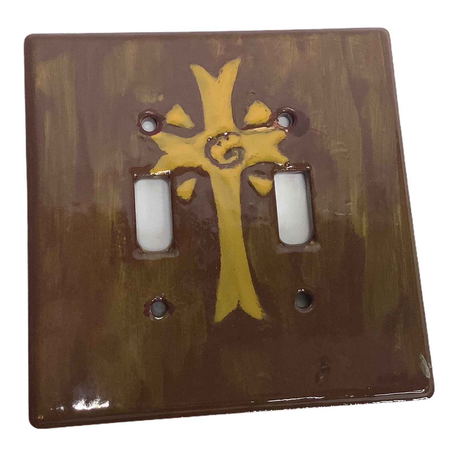Cruz Religiosa Cerámica Dos Palanca Interruptor Placa Salida Cubierta Marrón Amarillo 5"x5"
