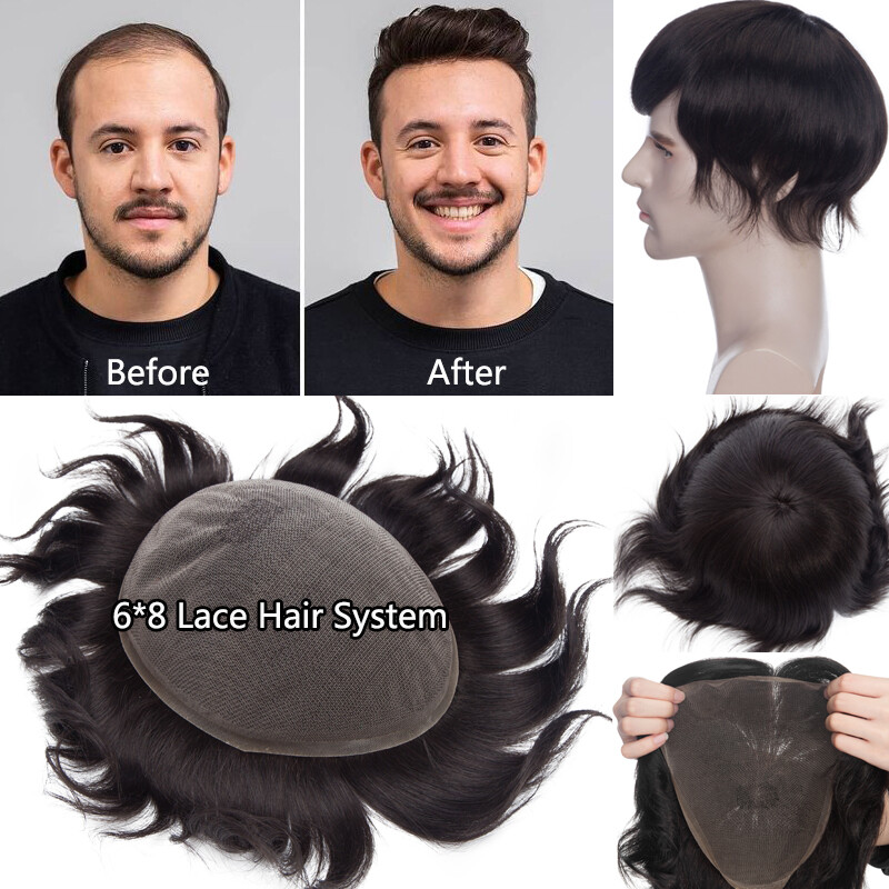 Full Skin/Lace Men's Toupee Human Hair Pieces Replacement System For Bald  Men US
