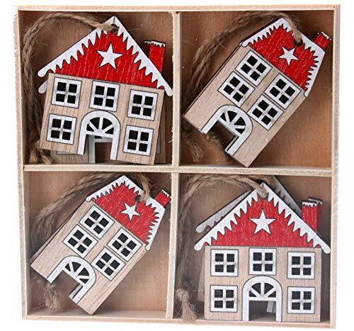 Gisela Graham Box/8 Wood Christmas Decorations 6cm - Natural/Red House - Picture 1 of 1