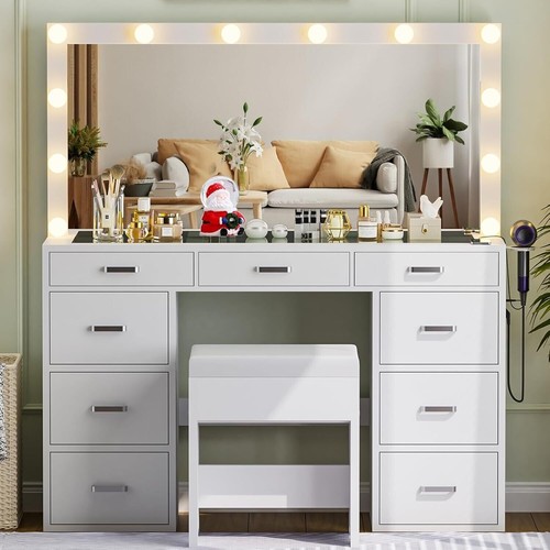 9 Drawers Makeup Vanity with Power Stip Vanity Set with Chair, 3 Lighting Modes~ - Picture 17 of 26