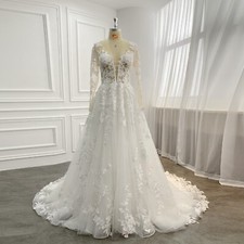 Sheer Lace Bodice Wedding Dress Bridal Gown Custom made 2-28W Ivory Nude Sleeves