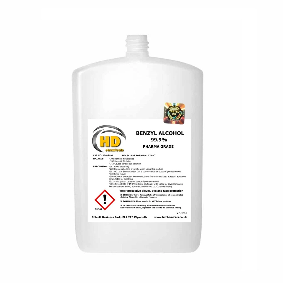 HD CHEMICALS Benzyl Alcohol 100% Pure, Preservative Solvent, Cleaning Agent, 100ml-1000ml