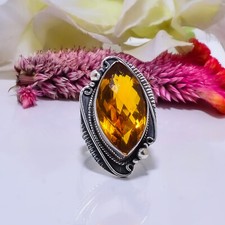 Yellow Citrine Gemstone 925 Sterling Silver Ring Oxidize Jewelry Gift For Mother