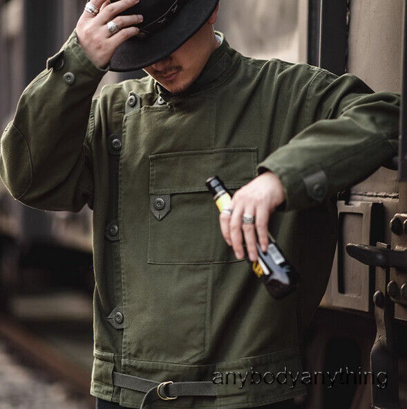 Mens Vintage Swedish Motorcycle Jacket Army Green Loose Coat Mens Vintage Swedish Motorcycle Jacket Army Green Loose Coat