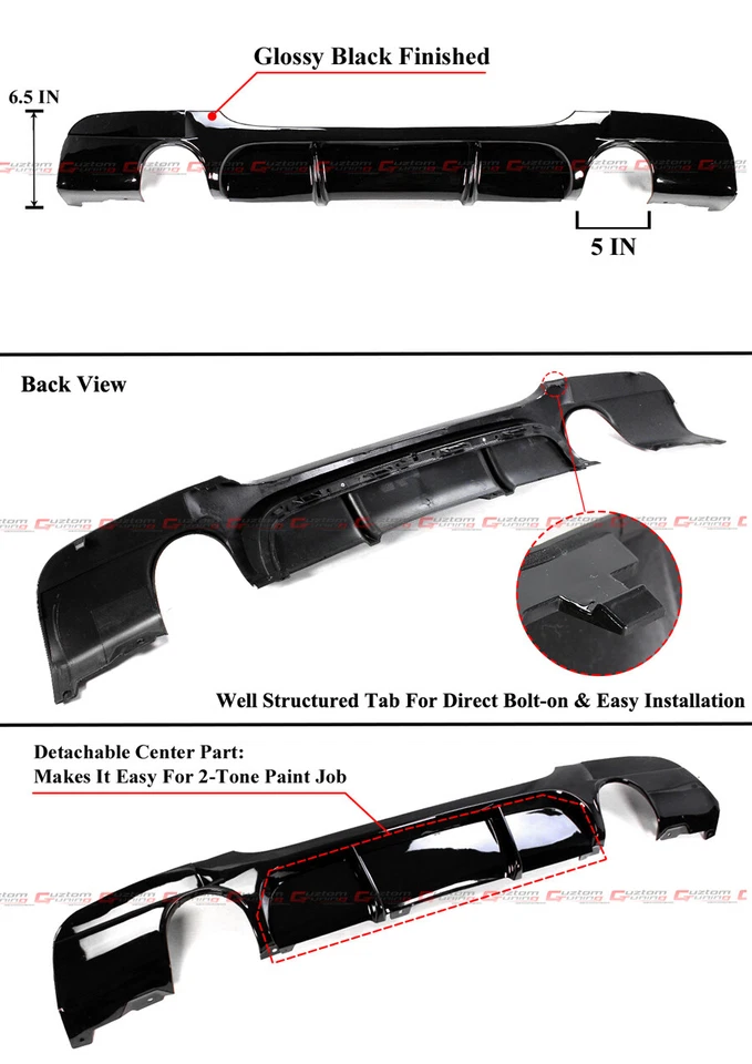 ДЛЯ 05-11 BMW E90 3 СЕРИИ M SPORT ГЛЯНЦЕВЫЙ ЧЕРНЫЙ ДВОЙНОЙ ВЫХЛОП ЗАДНИЙ БАМПЕР ДИФФУЗОР - Изображение 3 из 4