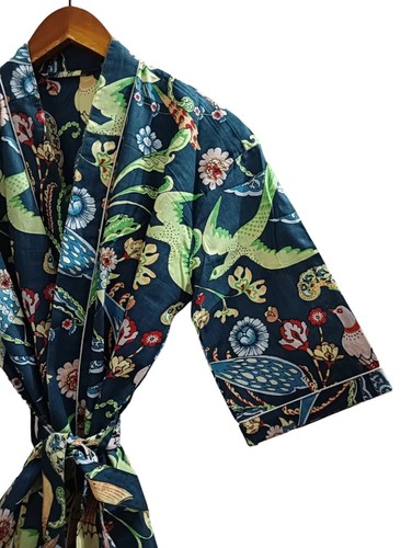 Indian Handmade Vintage Kimono Bird Print Cotton Bath Robes Maxi Night Gown - Picture 4 of 6