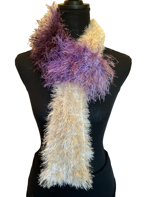 Ob.D. Handmade, Hand Knit Faux Fur Dress Scarf, Variegated Lavender & Ivory
