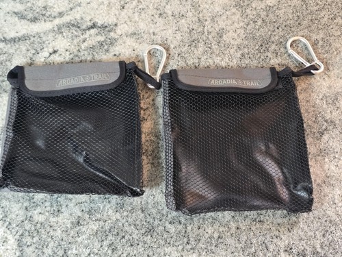 Arcadia Trail Mesh Gear Pouch Bags Carabiner Hook & Loop Set Of 2 Black Gray