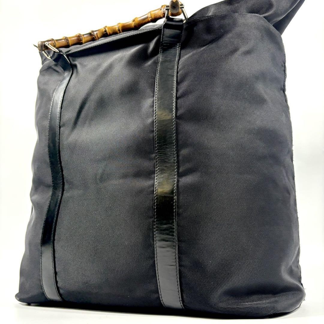 Gucci Large Bamboo Nylon Leather Tote Bag A4 Size Black Pre-Owned