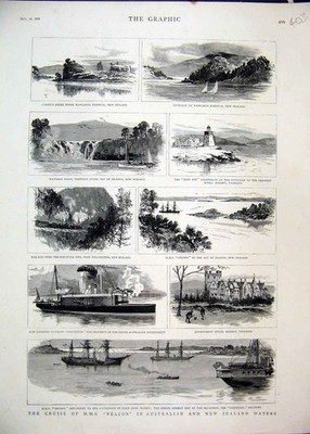 Alter antiker Druck 1886 H.M.S Nelson Australian Water Waitangi Falls River 19th