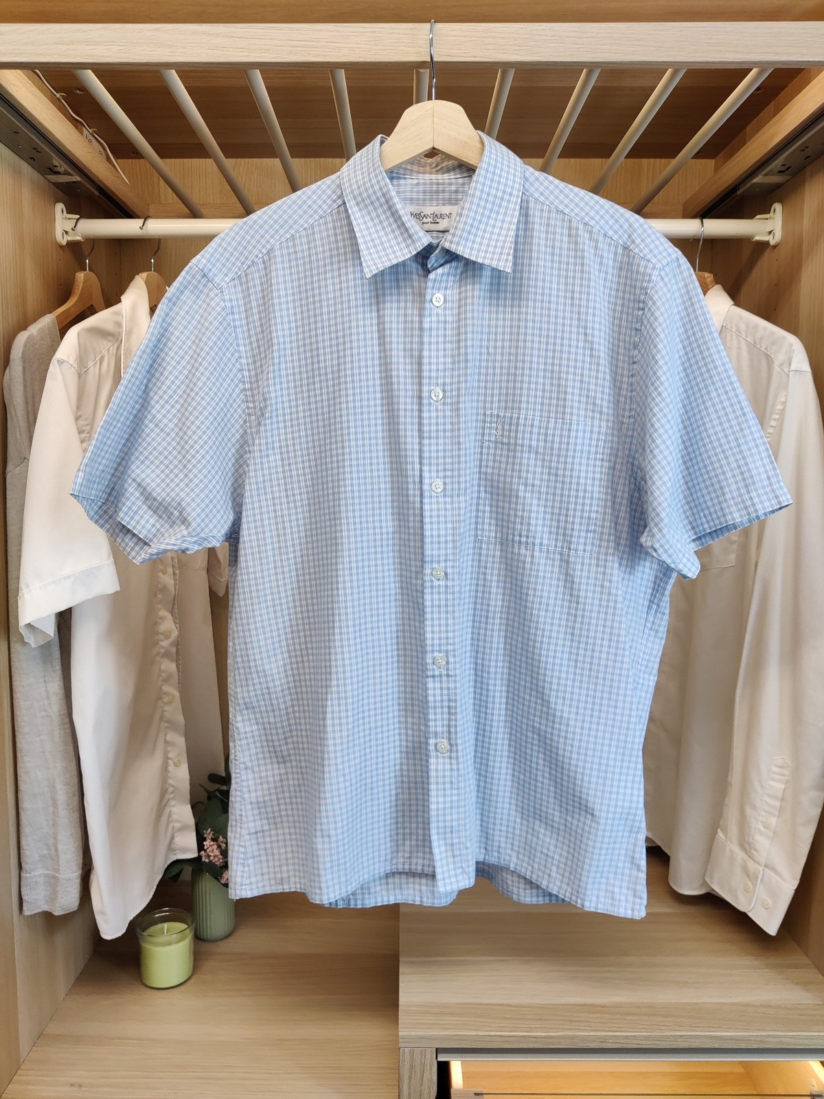 YVES SAINT LAURENT CAMICIA BLU GRANDE QUADRI MANICA CORTA FORMALE LAVORO REG FIT UOMO