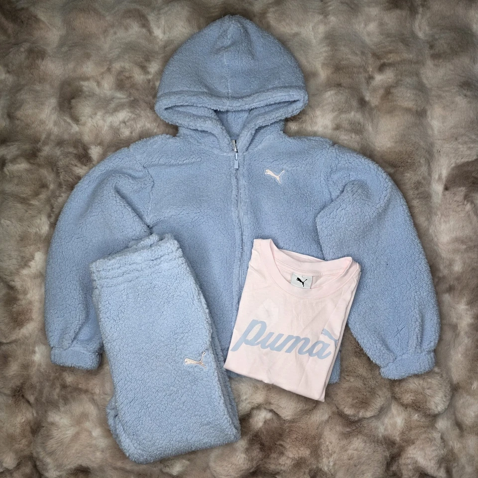 Puma Sherpa Sudadera con Capucha/Camiseta y Jogger Conjunto de 3 Piezas Outfi Azul Bebé Talla 6 Niñas Nuevo con Etiquetas Foto 2 de 4